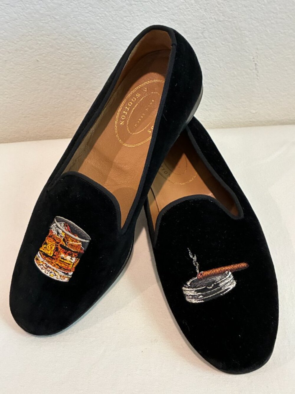Stubbs & Wootton Men's Scotch & Cigar Black Velvet Slippers Loafers-size 10.5
